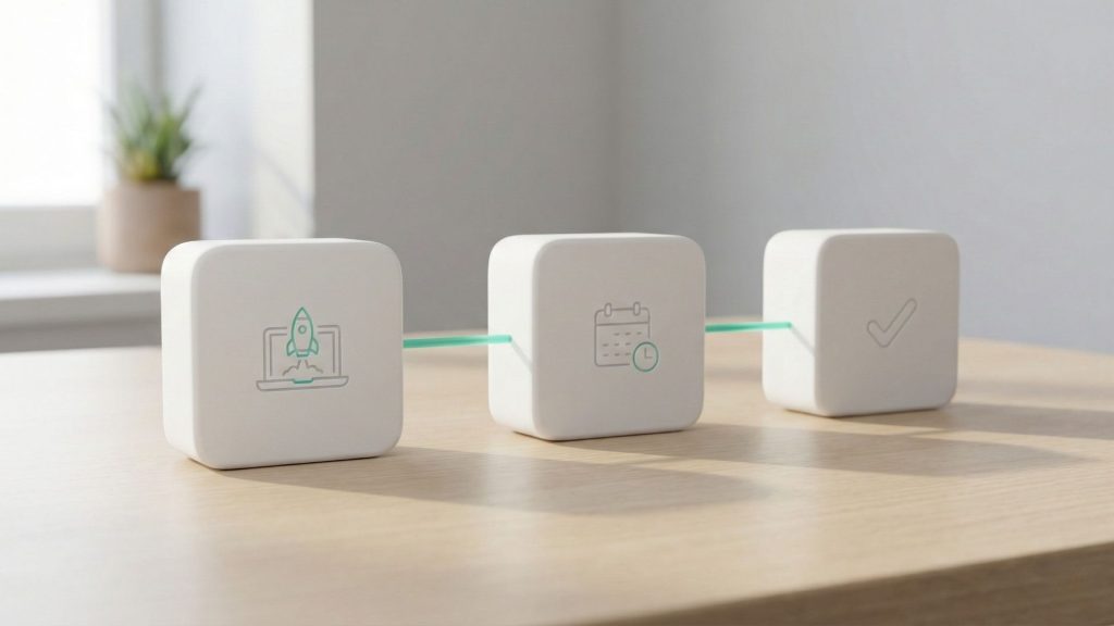 Μινιμαλιστική απεικόνιση τριών διαδοχικών σταδίων/οροσήμων που συμβολίζουν την καταβολή της ενίσχυσης σε δόσεις.