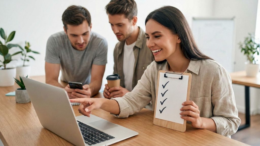 Νέα γυναίκα σε laptop σε σύγχρονο χώρο, με οπτικό σύμβολο checklist, που παραπέμπει σε έλεγχο κριτηρίων επιλεξιμότητας.